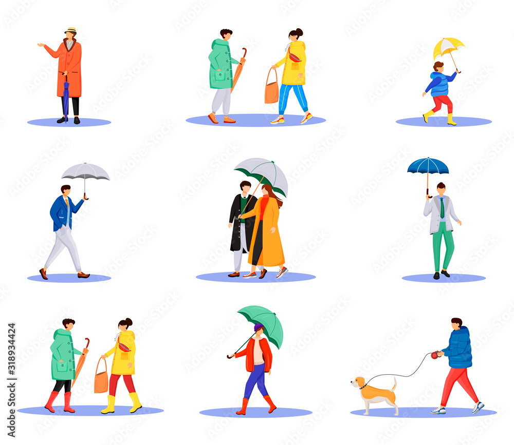 People with umbrellas flat color vector faceless characters set. Walking caucasian humans. Rainy day. Men and women in raincoats isolated cartoon illustrations on white background