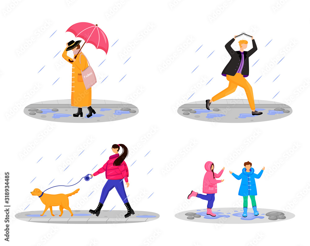 People in rain flat color vector faceless characters set. Walking caucasian humans. Rainy day. Playing children. Men and women in raincoats isolated cartoon illustrations on white background