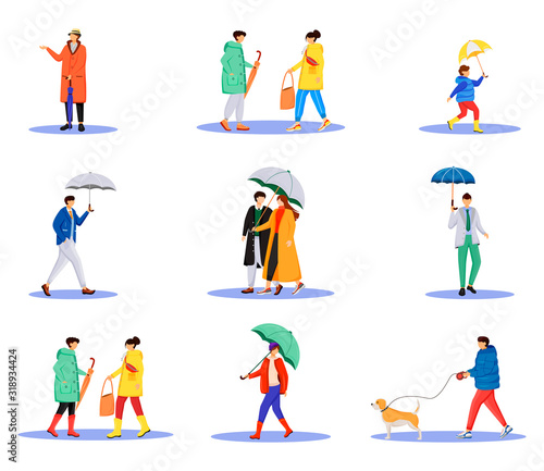 People with umbrellas flat color vector faceless characters set. Walking caucasian humans. Rainy day. Men and women in raincoats isolated cartoon illustrations on white background