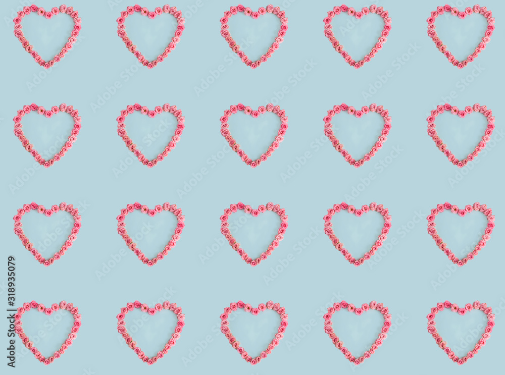 Valentine's day pattern. Hearts of delicate pink roses on a blue background. Poster, banner. Mother's Day, Women's Day. Texture. Textile. Wallpaper. Wall