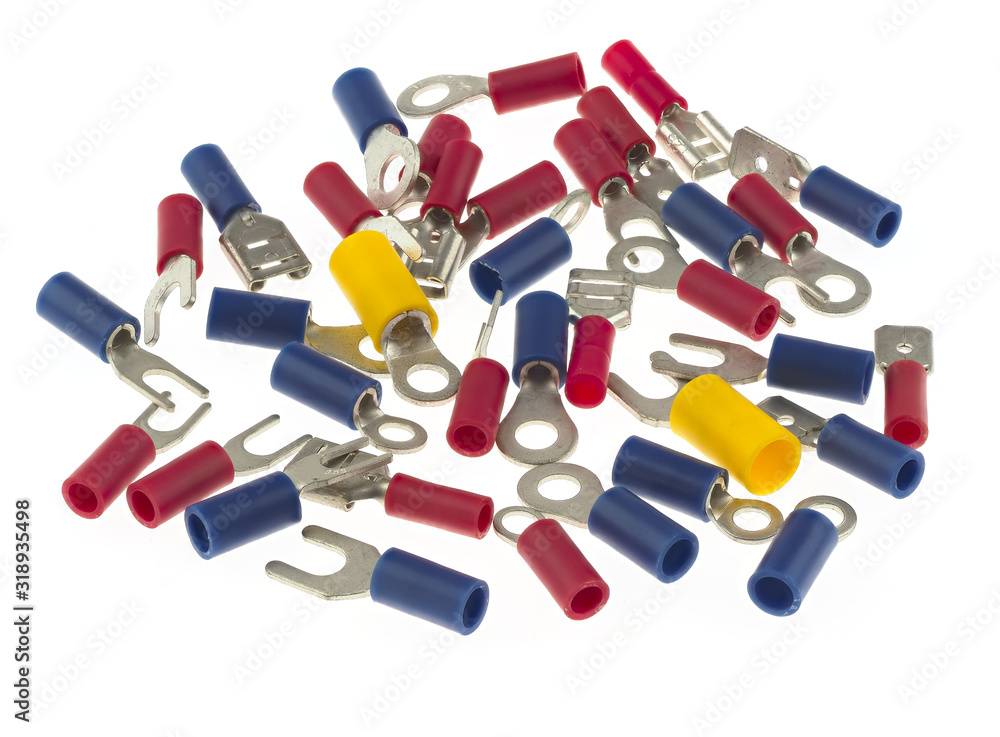 Assortment of crimp terminals isolated on white Assortment of crimp terminals isolated on white