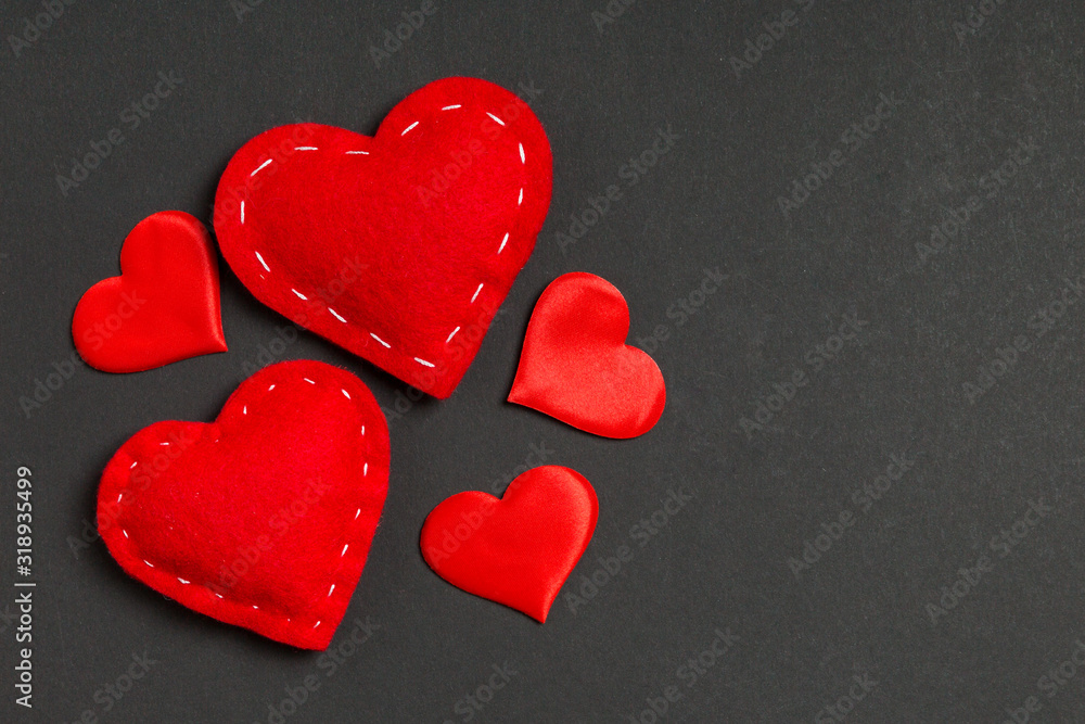 Top view of red hearts on colorful background with copy space. Romantic concept. Valentine's day concept