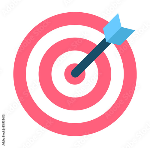 Black arrow in center of aim, bullseye. Dart board with red circles isolated on white background. Dartboard icon with pointer in target. Play and practice skills. Vector illustration flat style