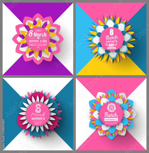 Womens day, 8 March, set of spring greeting card decorated by flowers, pink color of poster with blossom, international holiday, round origami vector