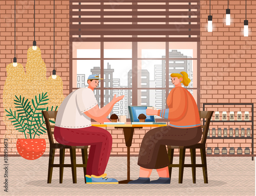 Young man and woman in cafe eating cupcakes and talking. Couple or friends in coffeehouse talking. Male and female characters in restaurant, students using laptop relaxing on break. Vector in flat