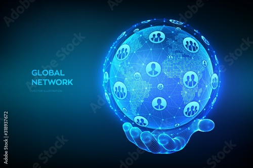 Global network connection. World map point and line composition. Earth globe in wireframe hand. Concept of global business. Blue futuristic internet connection background. Vector Illustration.