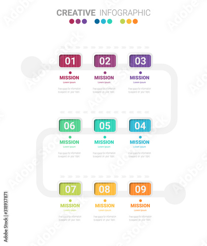 Presentation business infographic template, Abstract infographics number options template with 9 steps. Vector illustration.