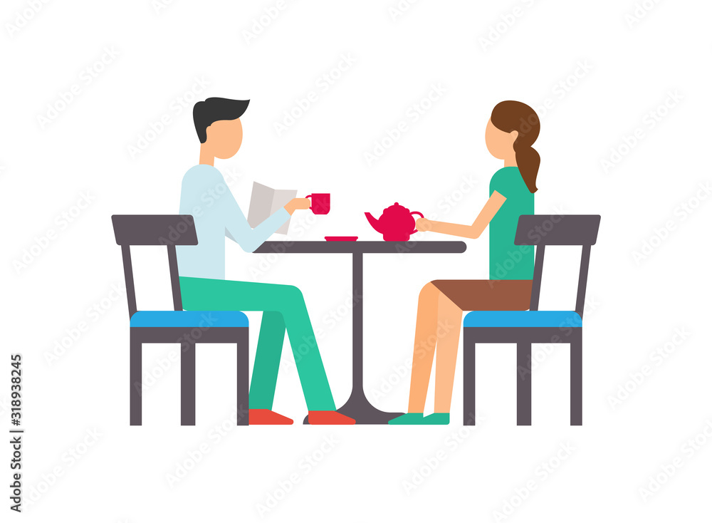 Couple man and woman sitting at table and drinking tea. Vector male and female having breakfast isolated on white, people in cafe with coffee in red mug and teapot