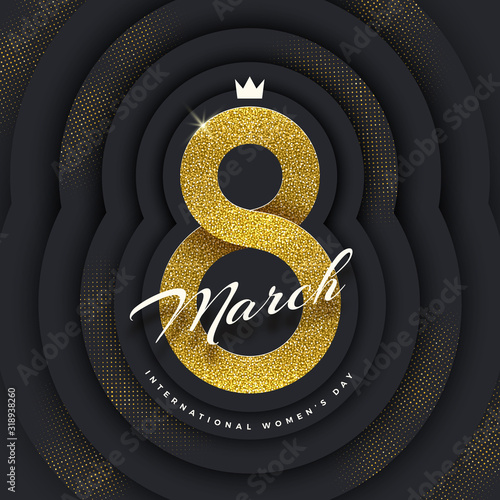 8 March International women's day greeting card - shining glitter gold ribbon in the shape of sign eight on a black paper layered background with golden halftone. Vector illustration.