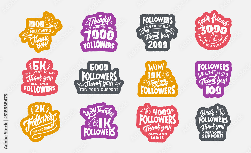 Set of vintage Followers emblems and stamps. Thank you badges, templates and colorful stickers, patches