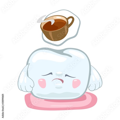 Sad, upset tooth thinking about harm of cup of hot black, sweet coffee, drinking of which can change color of its enamel and cause tooth decay, cavity, caries. Vector cartoon illustration on white.