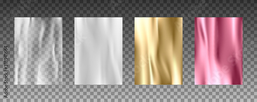 3d realistic textures of gold foil, silk texture, white paper, transparent plastic film.