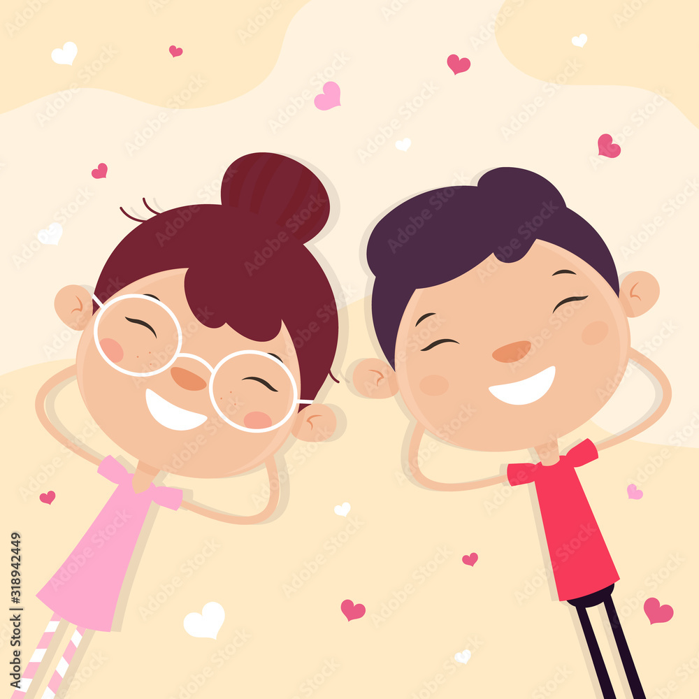 Love. Boy and Girl lying down on a floor surrounded by hearts. Love. Boy and Girl lying down on a floor surrounded by hearts.