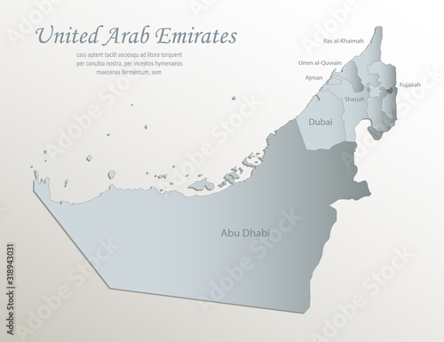 United Arab Emirates map, administrative division with names, white blue card paper 3D vector