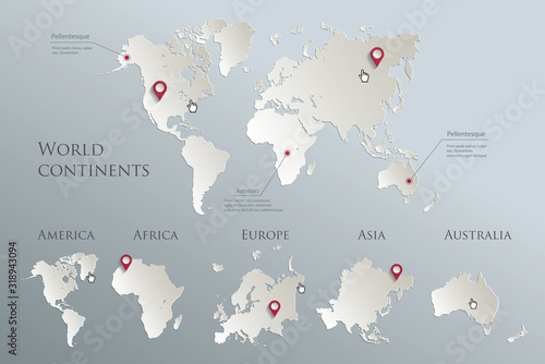 World continents map, America, Europe, Africa, Asia, Australia, blue white card paper 3D vector