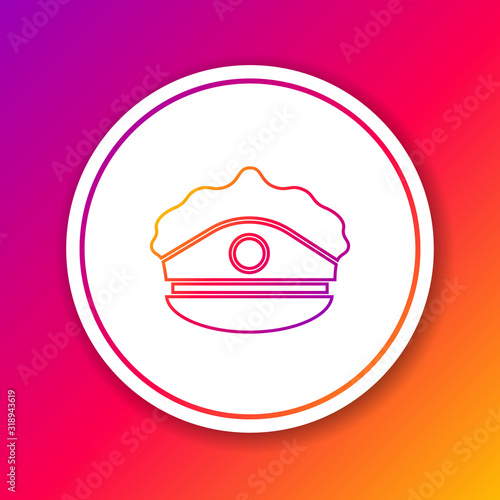Color line Police cap with cockade icon isolated on color background. Police hat sign. Circle white button. Vector Illustration