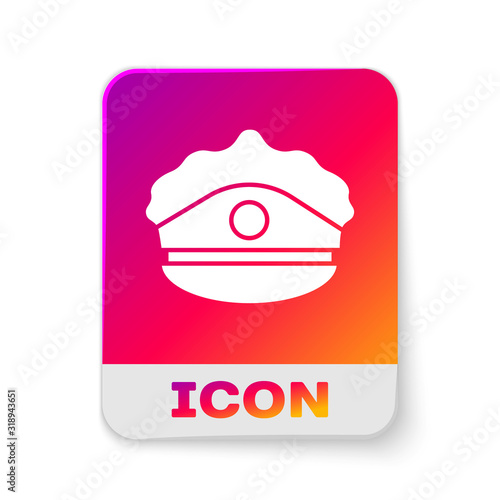 White Police cap with cockade icon isolated on white background. Police hat sign. Rectangle color button. Vector Illustration