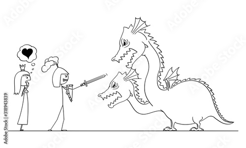 Vector cartoon stick figure drawing conceptual illustration of man in armor or knight going to fight with dragon for his princess of love. Valentine concept.