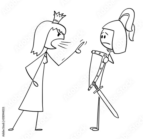 Vector cartoon stick figure drawing conceptual illustration of princess or queen yelling angry at prince or warrior in armor. Concept of relationship problem.