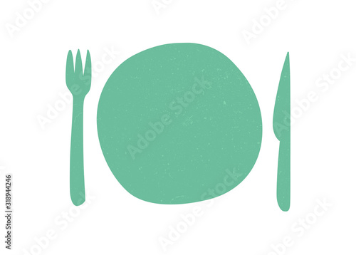 Plate and cutlery, knife and fork, textured illustration on a white background. Icon, doodle.