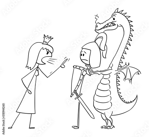 Vector cartoon stick figure drawing conceptual illustration of princess or queen yelling angry at prince or warrior in armor and dragon. Concept of relationship problem.