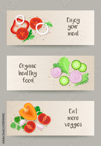 Set of creative banners with vegetables and leafy greens on wooden cutting board - flat lay. Healthy food concept. Vector illustration for farm fresh market, online ordering, organic cafe menu