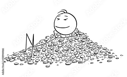 Vector cartoon stick figure drawing conceptual illustration of successful man or businessman enjoying relax while lying on pile of money or coins. Concept of banking or savings.