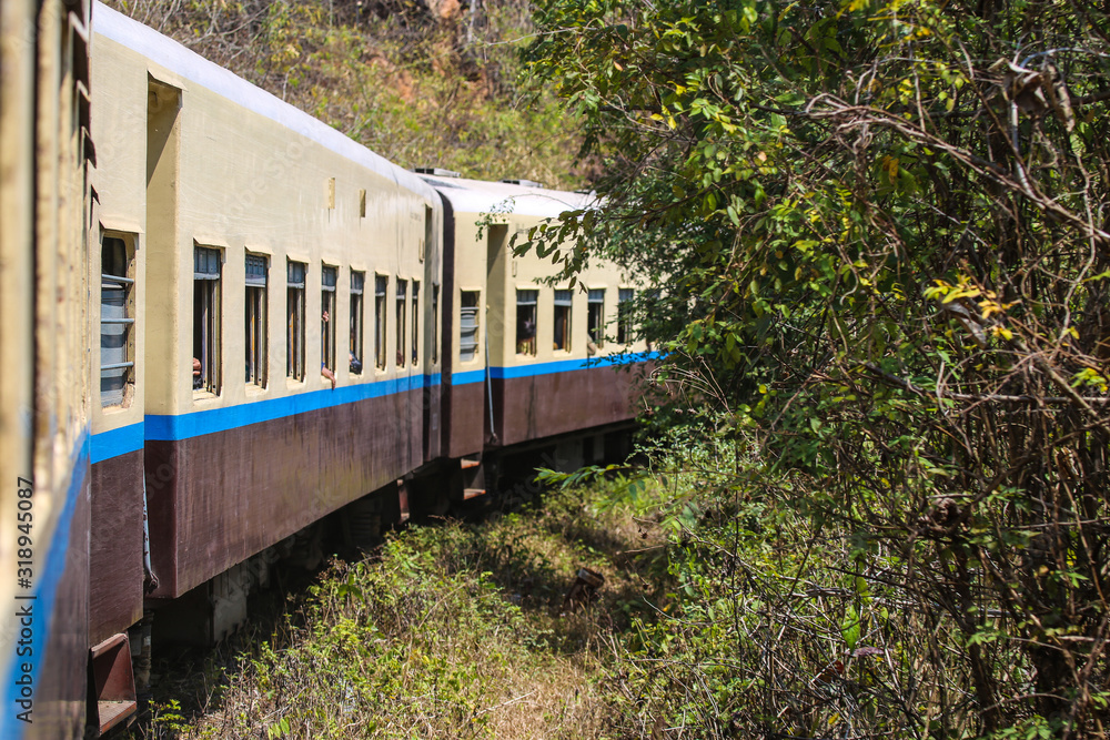 Railroad train on the route through the forest Railroad train on the route through the forest