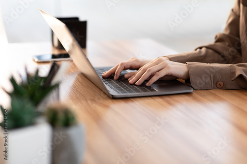 Woman using her personal computer at home photo