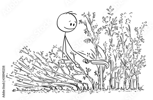 Vector cartoon stick figure drawing conceptual illustration of man or gardener laying traditional hedge on countryside in England.