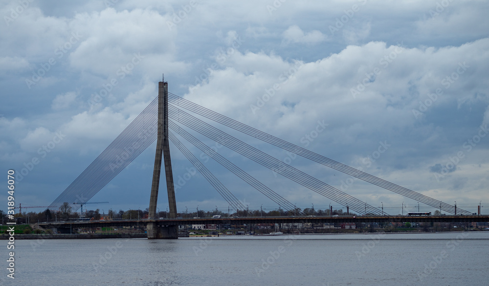 April 24, 2018 Riga, Latvia. Cable-stayed cable bridge over the Daugava River in Riga. April 24, 2018 Riga, Latvia. Cable-stayed cable bridge over the Daugava River in Riga.