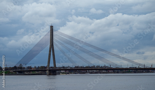 April 24, 2018 Riga, Latvia. Cable-stayed cable bridge over the Daugava River in Riga.