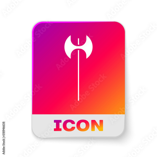 White Medieval axe icon isolated on white background. Battle axe, executioner axe. Medieval weapon. Rectangle color button. Vector Illustration