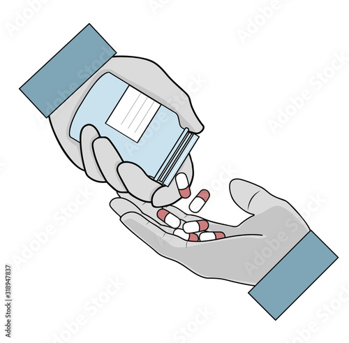 pours pills from a jar. drug addiction. medical advice. vector illustration.