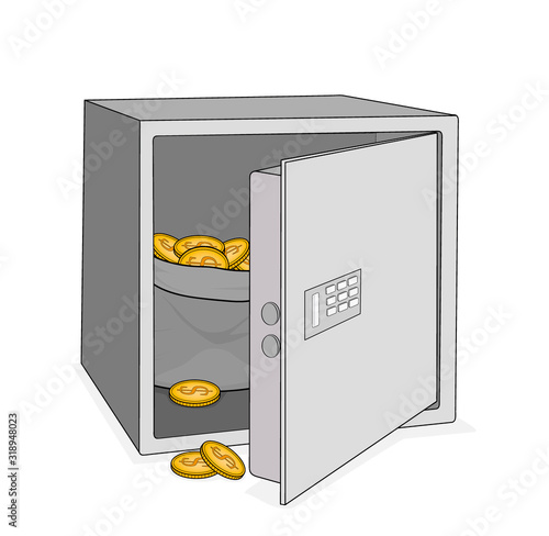 the money is in the safe. hacking safe. ajar door. vector illustration.