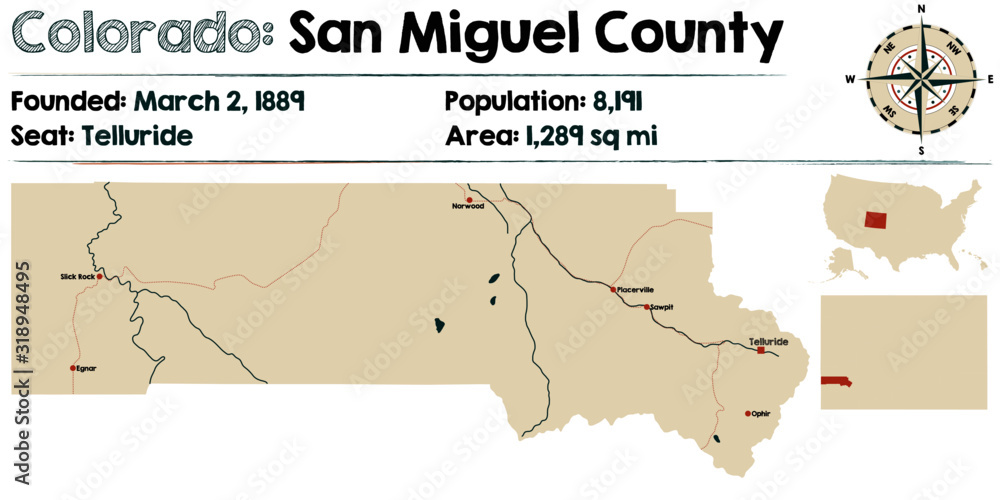 Fototapeta premium Large and detailed map of San Miguel county in Colorado, USA.