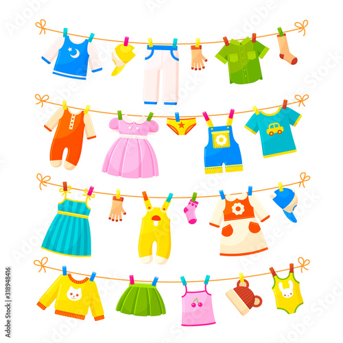 Washable baby clothes, childish things flat vector illustration