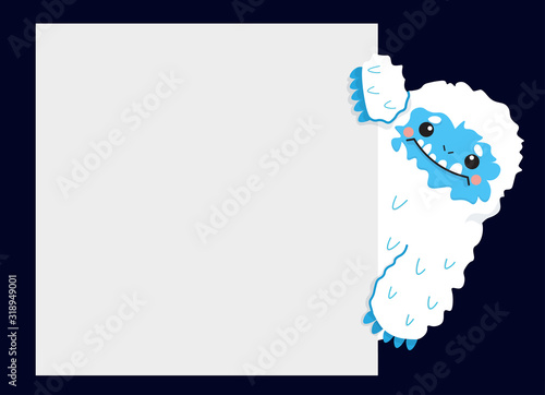 Cute snow yeti with blank sign placard vector image. Isolated on dark background