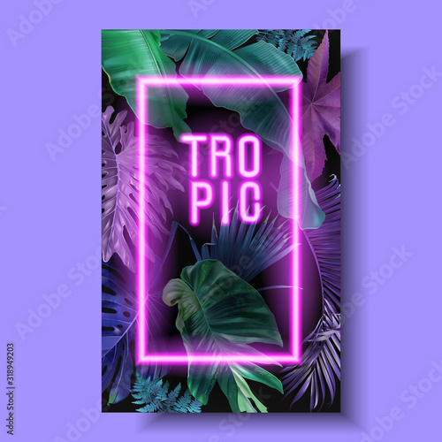 Vector neon banner with tropical leaves on black
