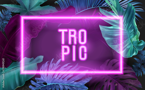 Vector neon banner with tropical leaves on black