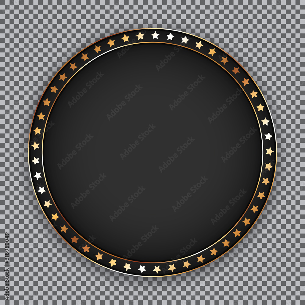 round black banner with golden frame and golden stars frame on transparent background