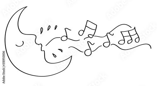 Vector hand drawn sleeping moon with a wave of musical notes