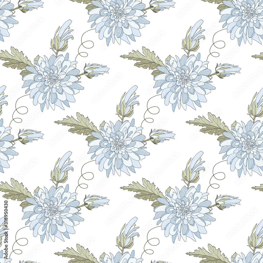Seamless pattern with white chrysanthemums and leaves. Endless texture for design. Vector background with chrysanthemums and floral elements for your greeting cards, fabric design, wedding. Seamless pattern with white chrysanthemums and leaves. Endless texture for design. Vector background with chrysanthemums and floral elements for your greeting cards, fabric design, wedding.
