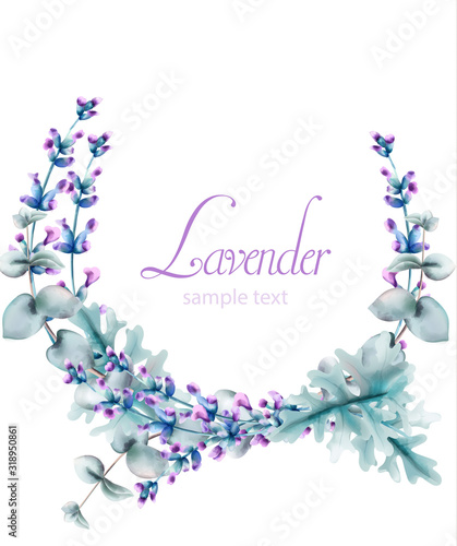 Watercolor lavender flowers with green leaves. Vectors