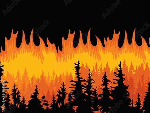 Vector illustration in black and orange colors with flaming forest. Black silhouettes of trees on the background of forest fire. Save forest concept