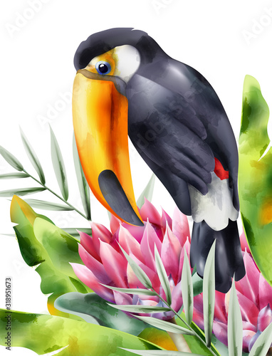 Watercolor tucano bird sitting in tropical flowers and green leaves