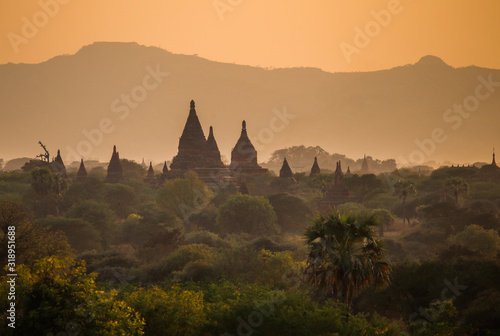 Beautiful sunset over the vaults of ancient pagodas in the Bagan Valley, Myanmar