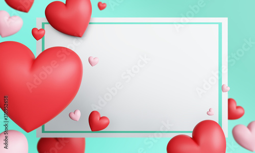 Billboard with the concept of Valentine's Day with red and pink hearts Text area And pastel blue background.3D rendering.
