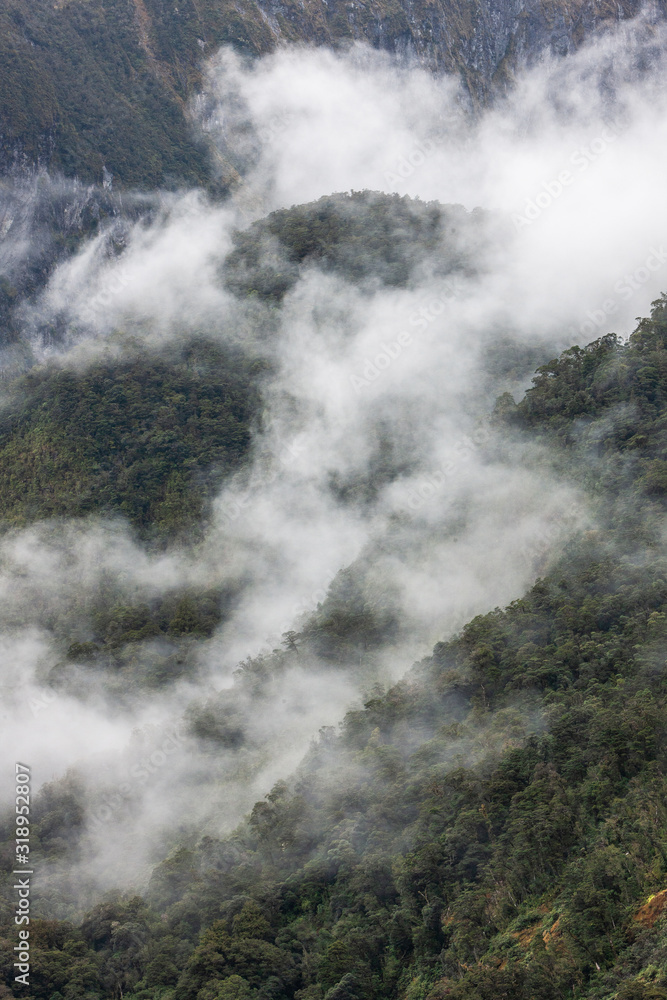 Clouds and fog at Doubtfull Sound. Fjordland New Zealand. South Island.