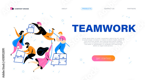 Web page design template with teamwork concept - simple abstract people putting puzzle pieces together. Connection, business team, collaboration. Mobile app, website vector flat illustration.